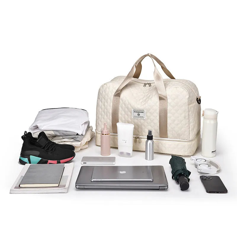 Large capacity Oxford cloth travel bag in a solid colour with visible sewing thread detail.