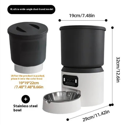 4-litre smart pet feeder with LCD display, food bowl, and optional camera on top.
