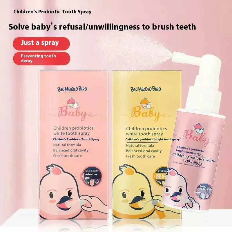 Children's probiotic oral spray bottle in strawberry and orange flavours for teeth cleaning