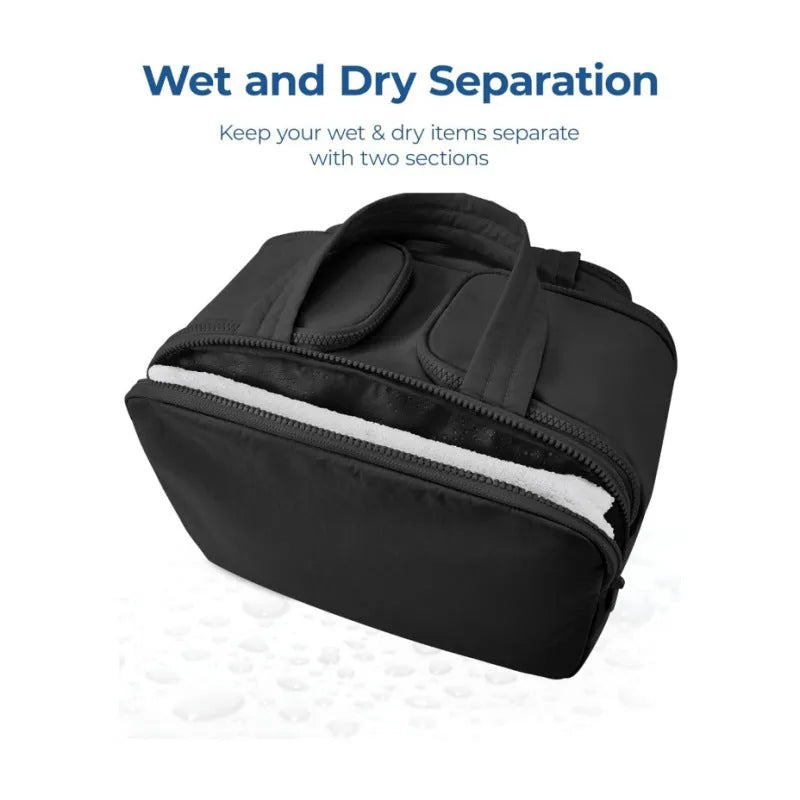 Open large travel toiletry bag in polyester showing wide opening and modern style.