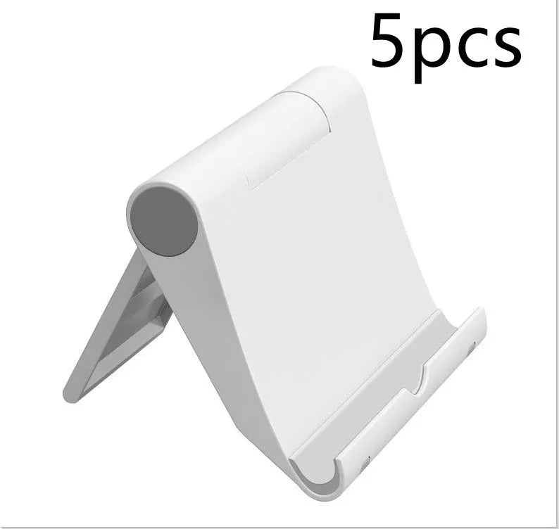 Black PE folding phone and tablet stand with soft rubber backing, shown at an adjustable angle.