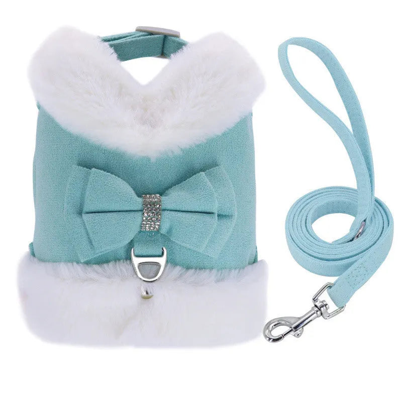 Small dog harness and leash set with bow tie, removable fur collar, padded adjustable harness and 150cm lead