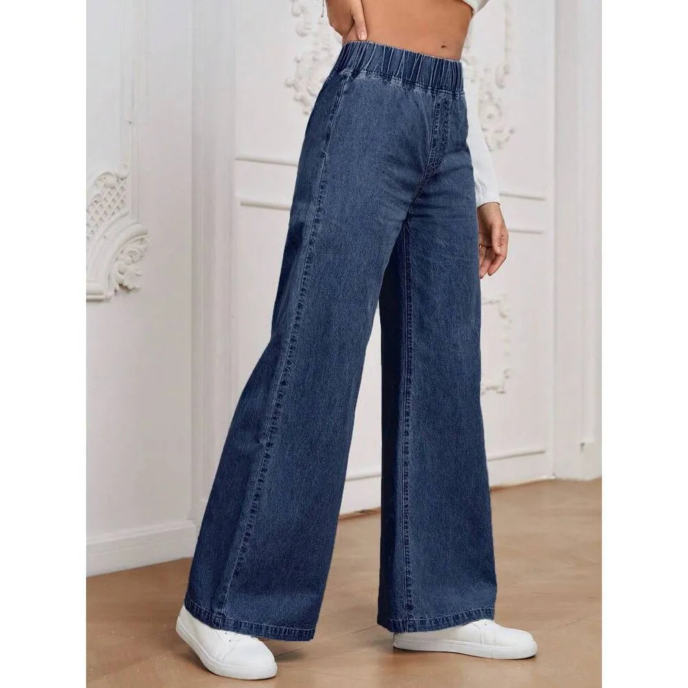Light blue washed wide-leg straight denim trousers on a hanger, showing mid waist and zip fly.