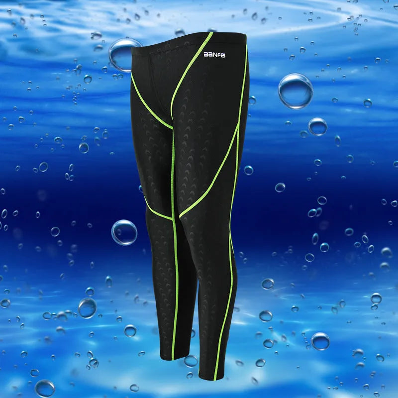 Men's black nylon cropped swimming trunks with mesh lining and contrasting coloured lines