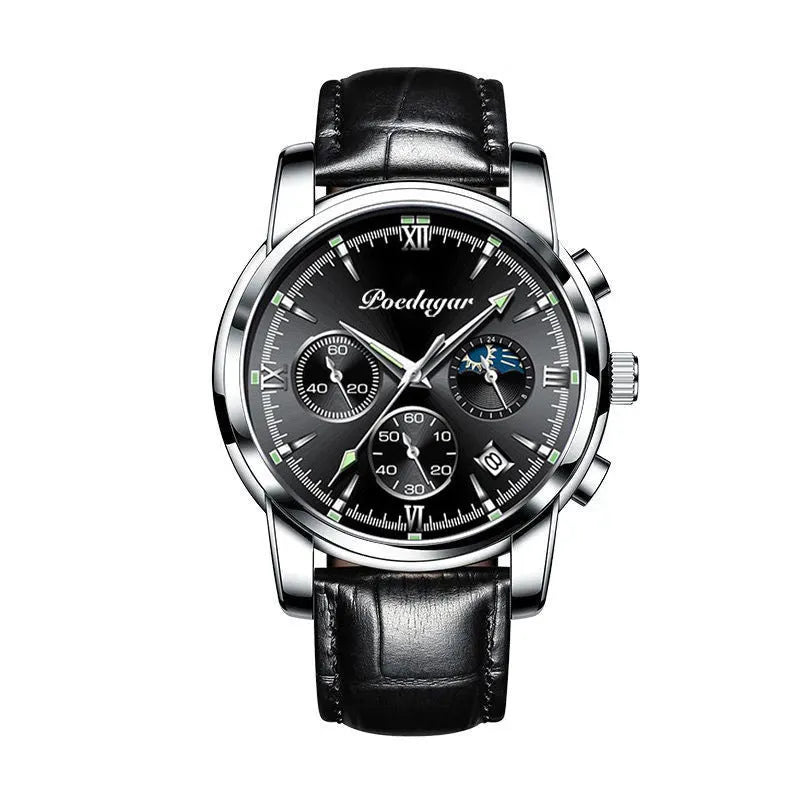 Multifunctional men's luminous waterproof quartz watch with stainless steel belt, silver case, and blue dial, 7mm thickness