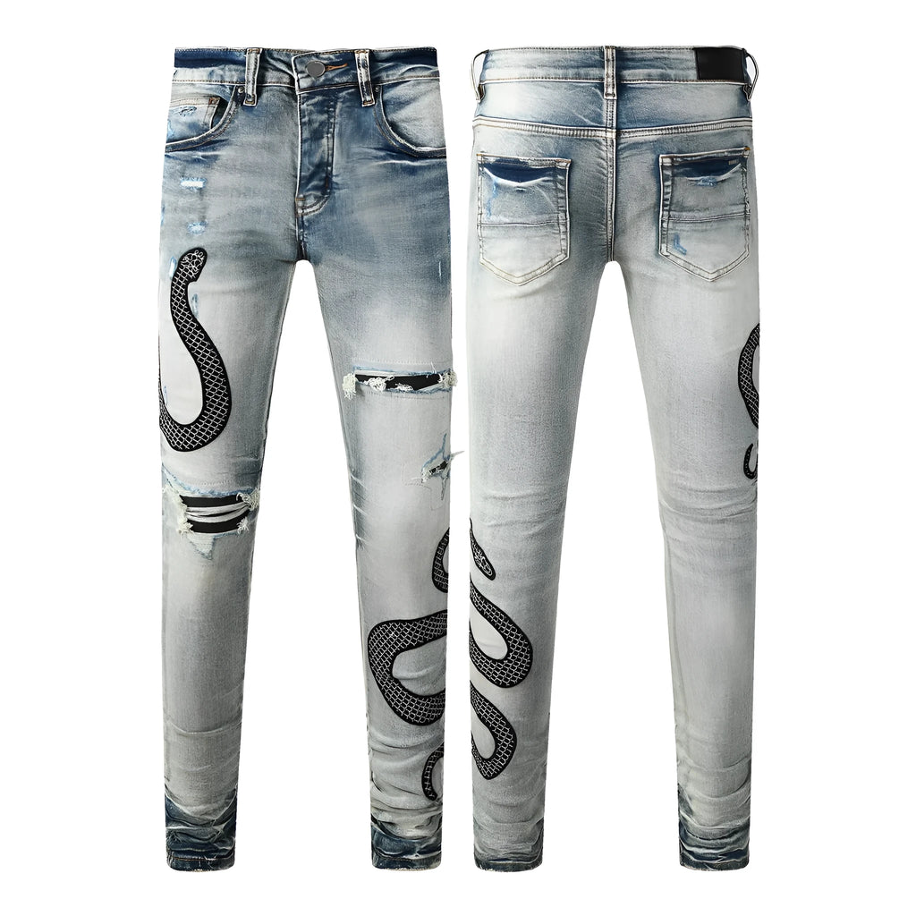 Man wearing 8934Blue distressed skinny jeans with a retro wash and skinny leg fit.