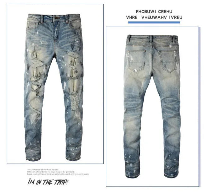 Men's patch slimming perforated leggings in light blue denim cotton, shown on model, multiple sizes available