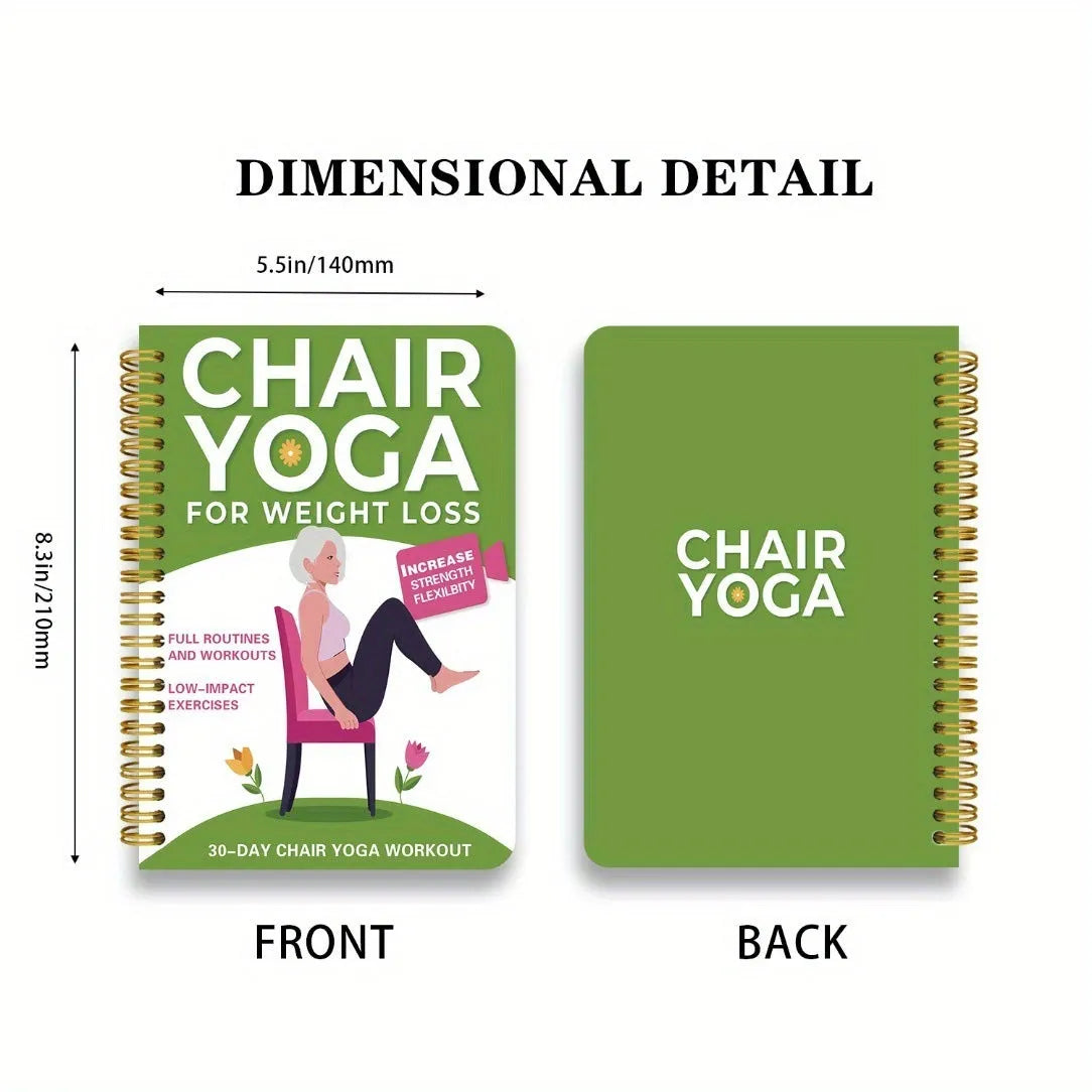 Green coil-bound yoga training notebook showing 30-day calendar pages and yoga programme content