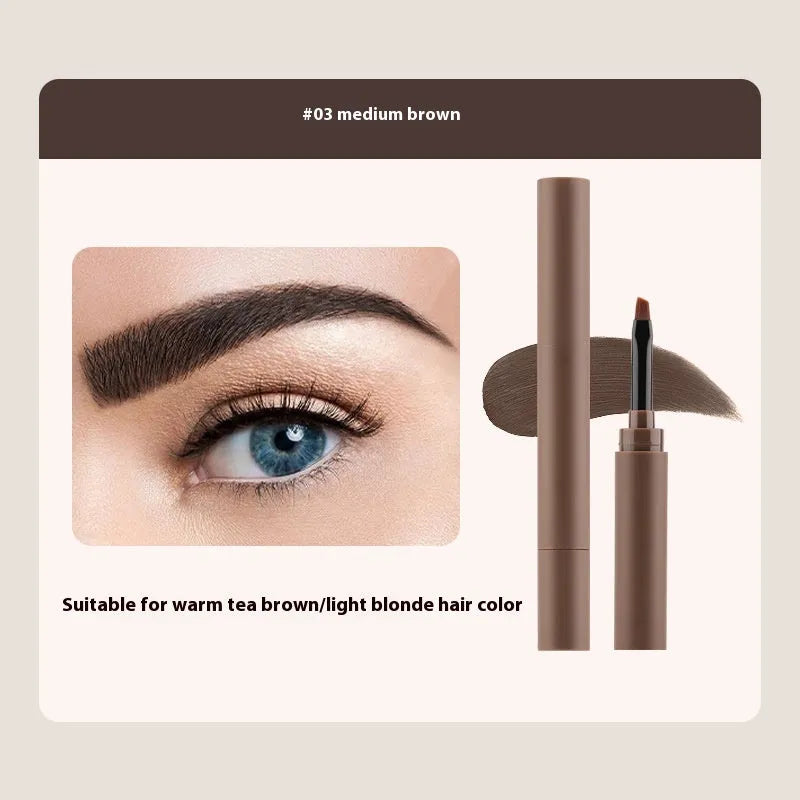 Double-headed eyebrow cream tube showing five shade options: reddish brown, brown, light brown, dark brown, and black.