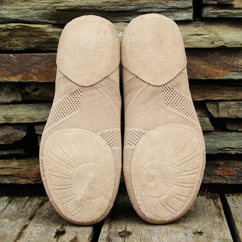 Camel coloured Latin dance shoes with cotton mesh upper and leather sole for contemporary dance and yoga