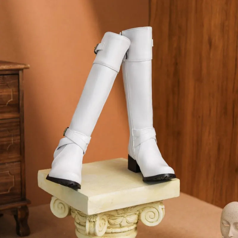 Women's belt buckle high leg boot, mid heel 3-5cm, round toe, artificial PU upper, rubber sole, sizes 34-45