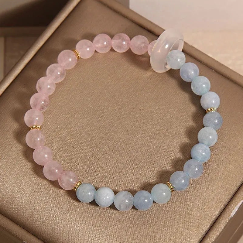 Women's aquamarine crystal bracelet with geometric beads in pink blue colour option
