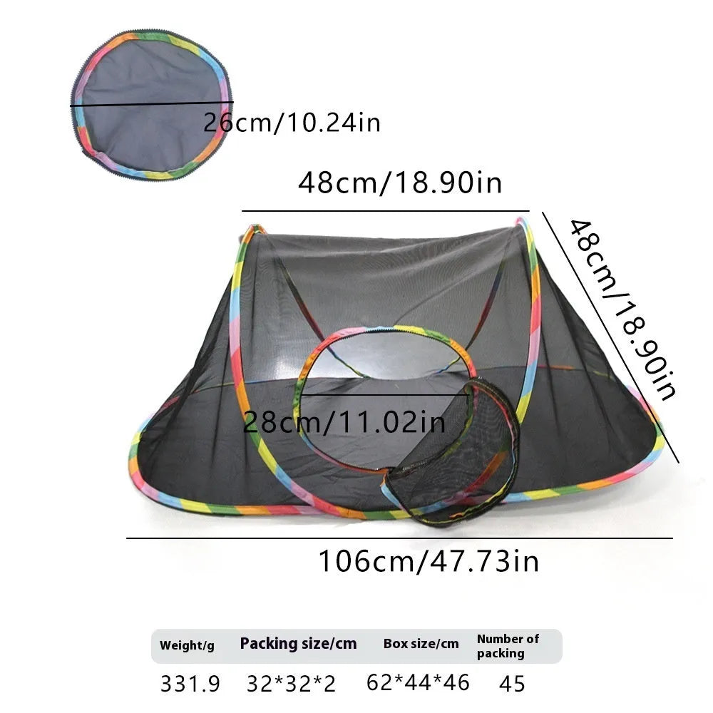 Foldable mesh cat play tunnel in multiple shapes including hexagonal, long straight, tee, tent and square designs