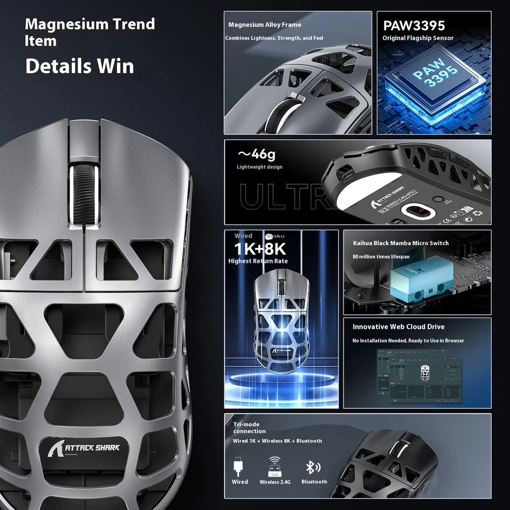 Attack Shark R3 magnesium alloy 8K wireless gaming mouse in white, showing top view with three touch buttons and compact 119.5x61x36mm size