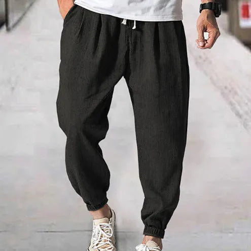 Men's casual cotton ankle banded summer pants in loose fit showing colour options