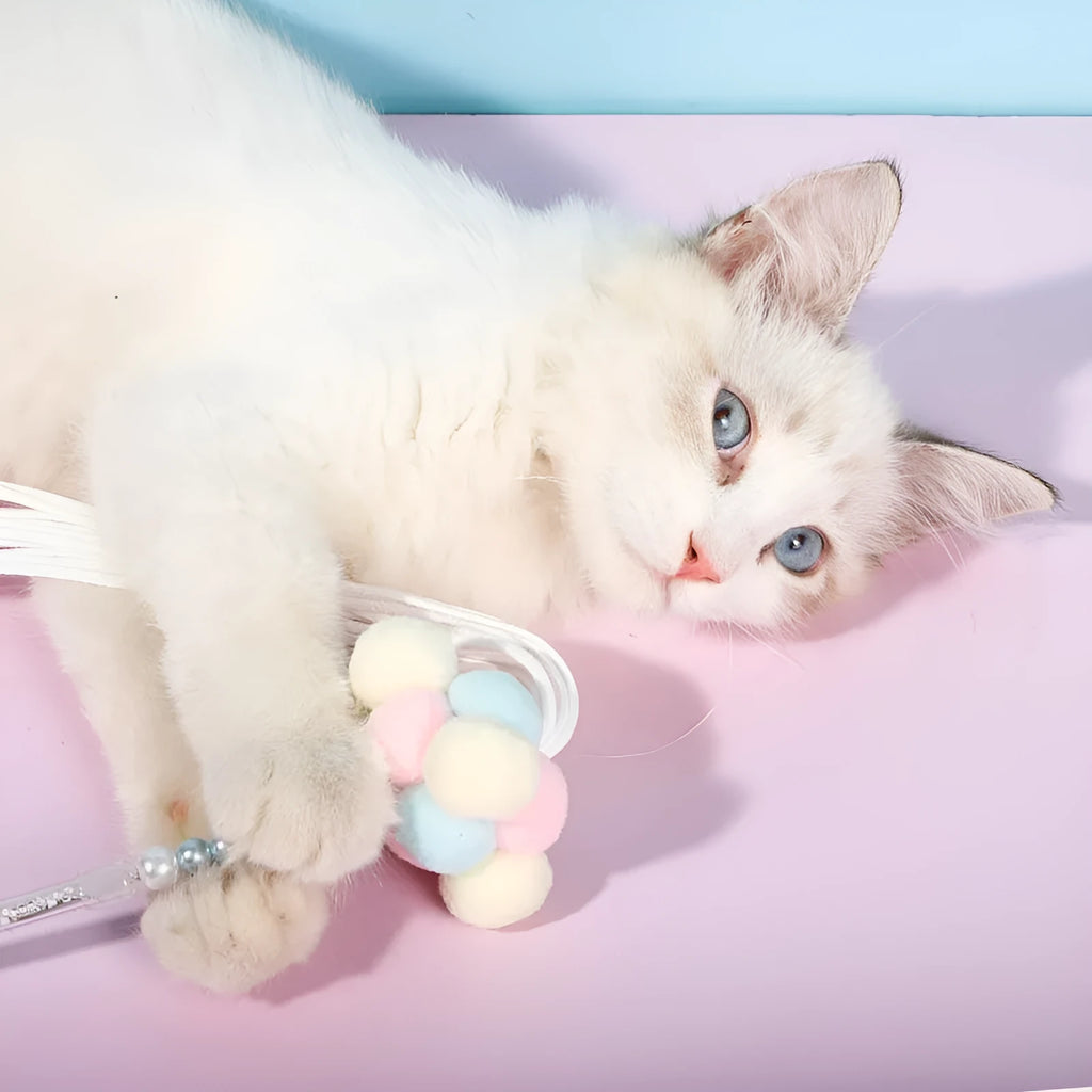 Acrylic cat fairy rod toy with colourful stripes, handheld cat teasing pole in blue, white, pink, purple or orange
