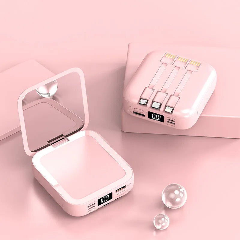 Comes With Line Beauty Mirror Power Bank in cool black plastic shell with integrated mirror