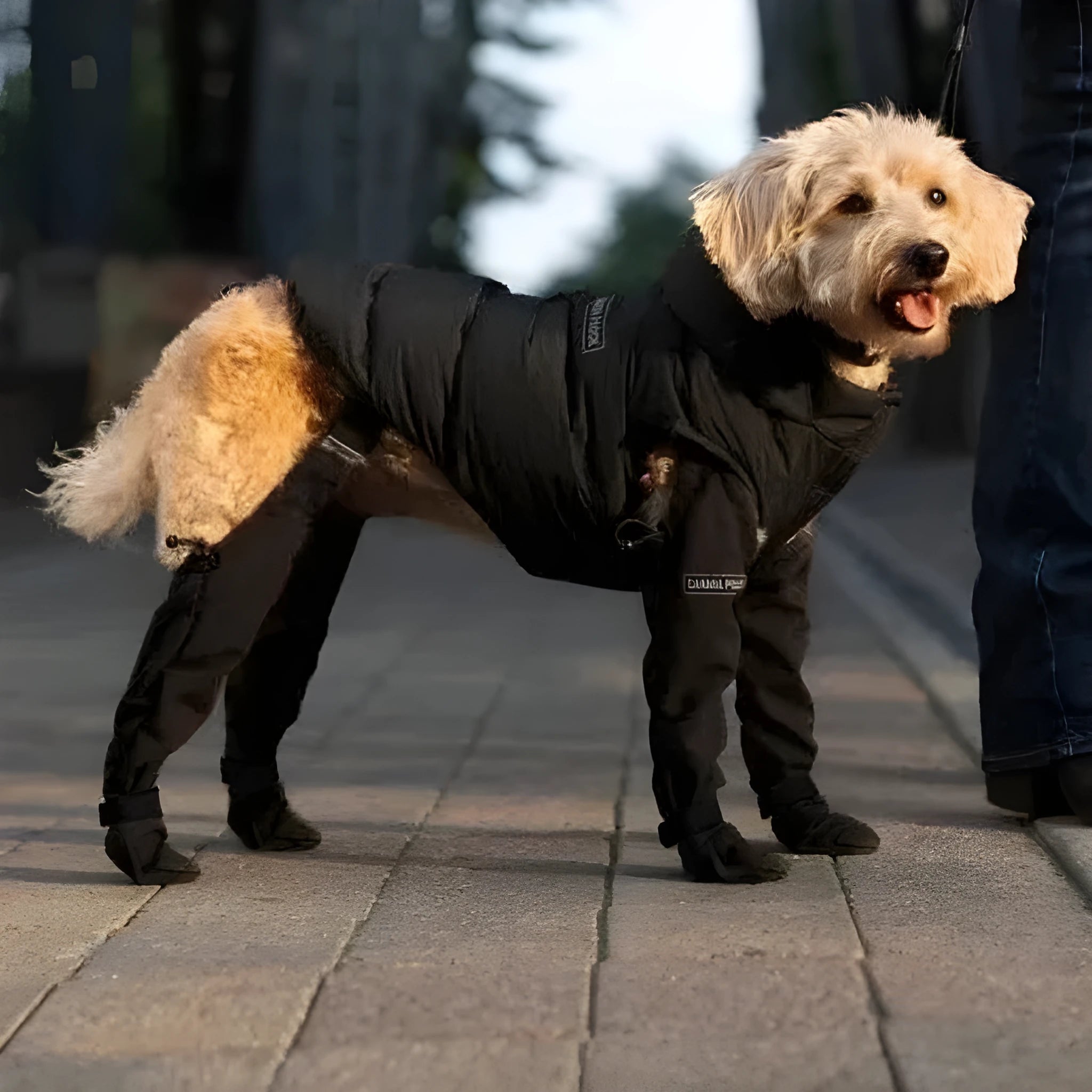 Black waterproof dog shoes with adjustable straps and non-slip soles in various sizes