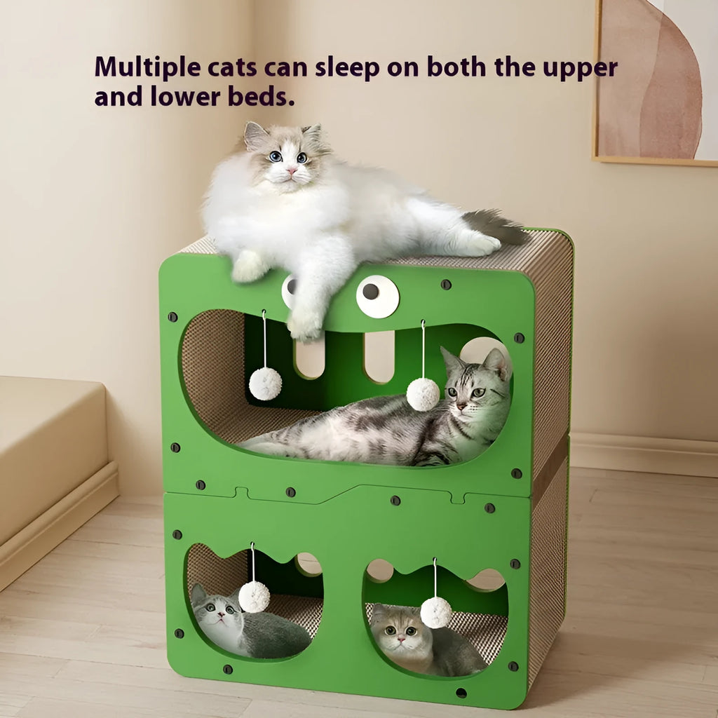 Double-layer cat scratching board combined with a cat nest bed in a primary colour, cute design.