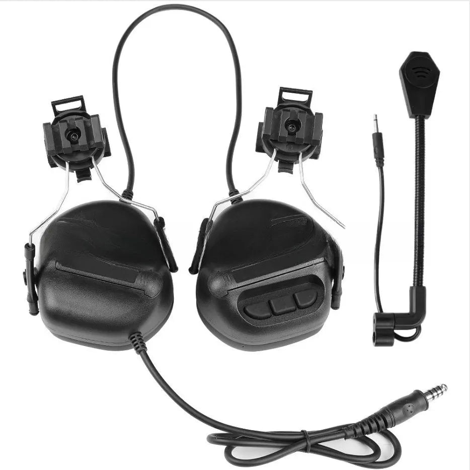 Helmet-style tactical headset with fifth generation chip noise reduction in black colour