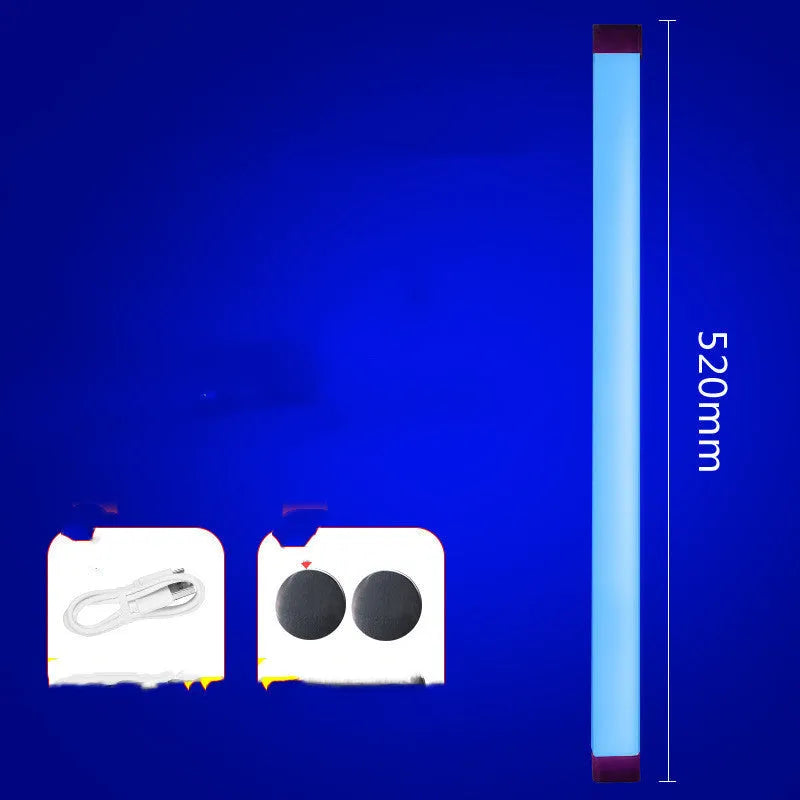 Rechargeable dimmable LED tube light in blue or purple colour showing 17cm, 32cm, and 52cm size options.