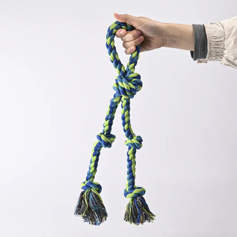 Heavy-duty cotton rope knot dog toy for large breeds, 77cm long, with four or five knots for chewing and tug of war.