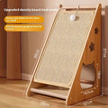 Vertical wall-mounted cat scratch board with sisal and hemp rope surface and a fixed cat teasing ball.
