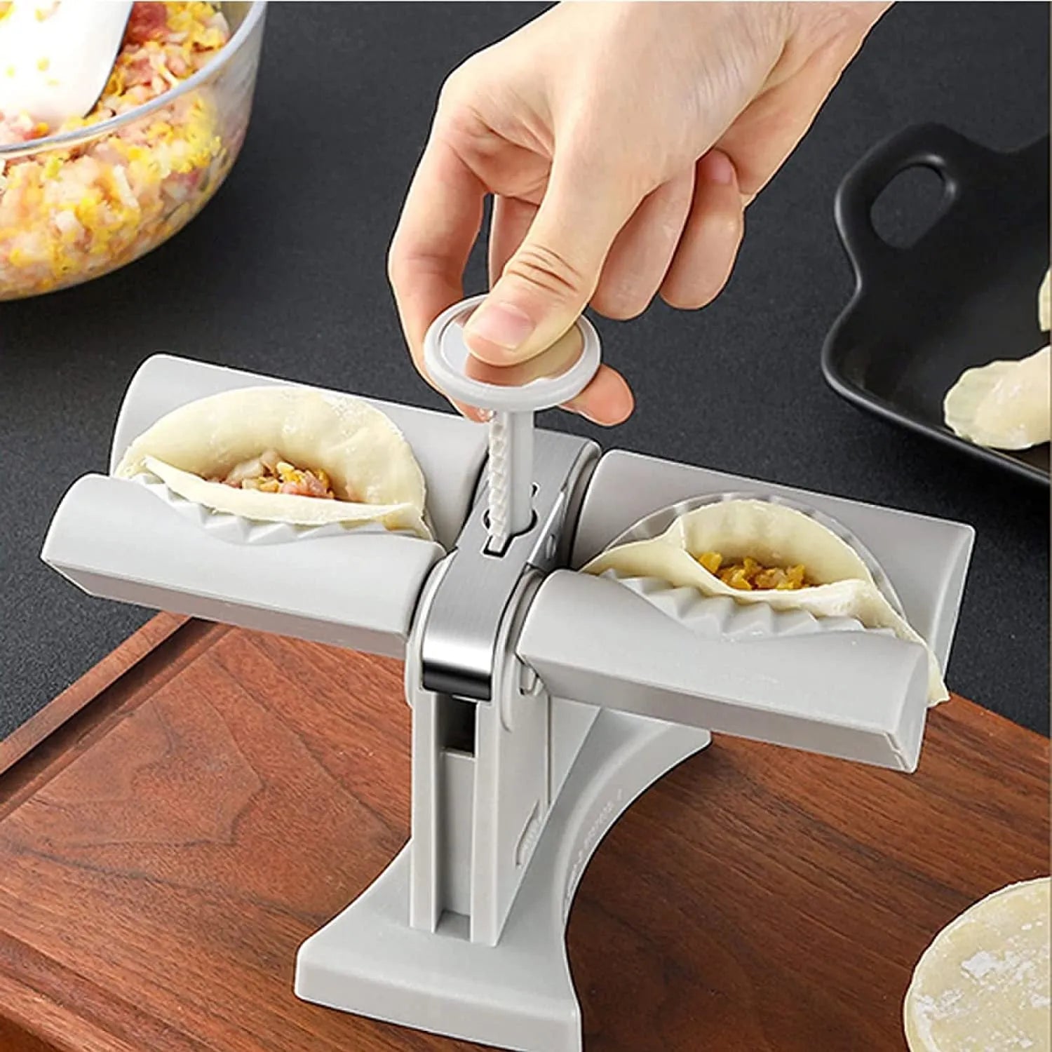 White double-headed dumpling mould with manual press and anti-slip rubber base