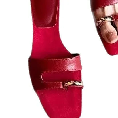 Leather outdoor slippers with rubber soles in black, white, red, and silver colours with square head design