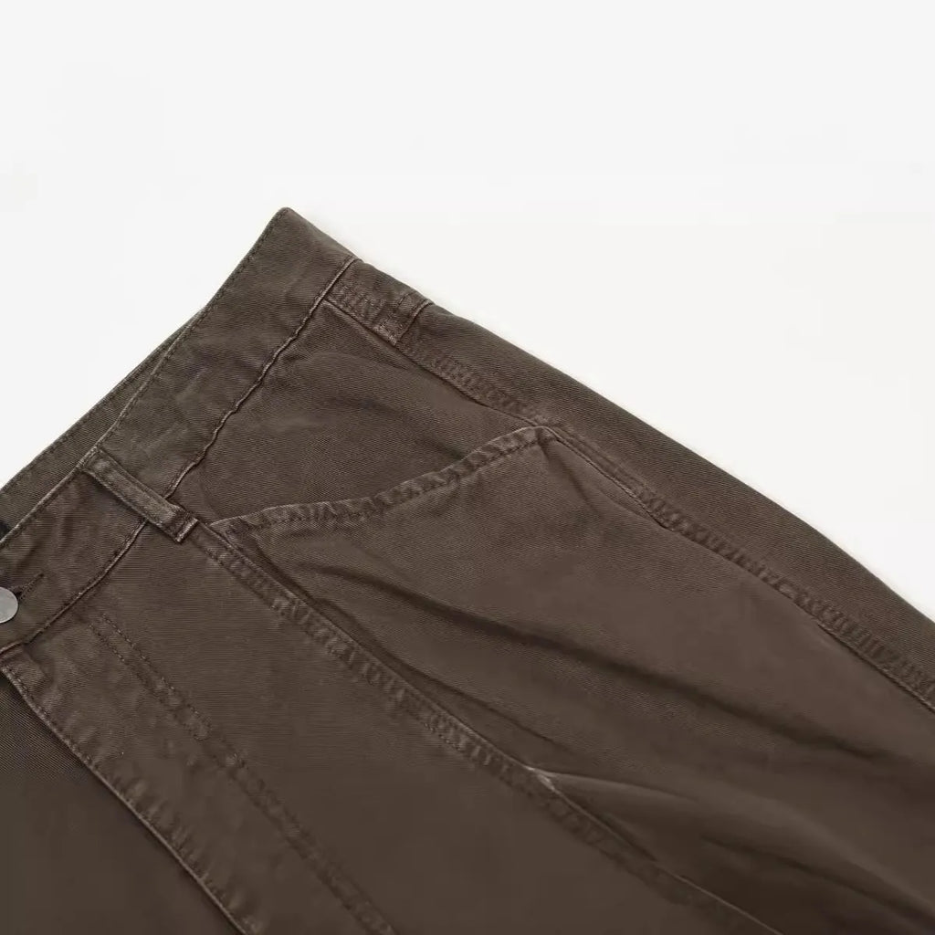 Men's brown loose straight leg trousers with high waist and zip fly