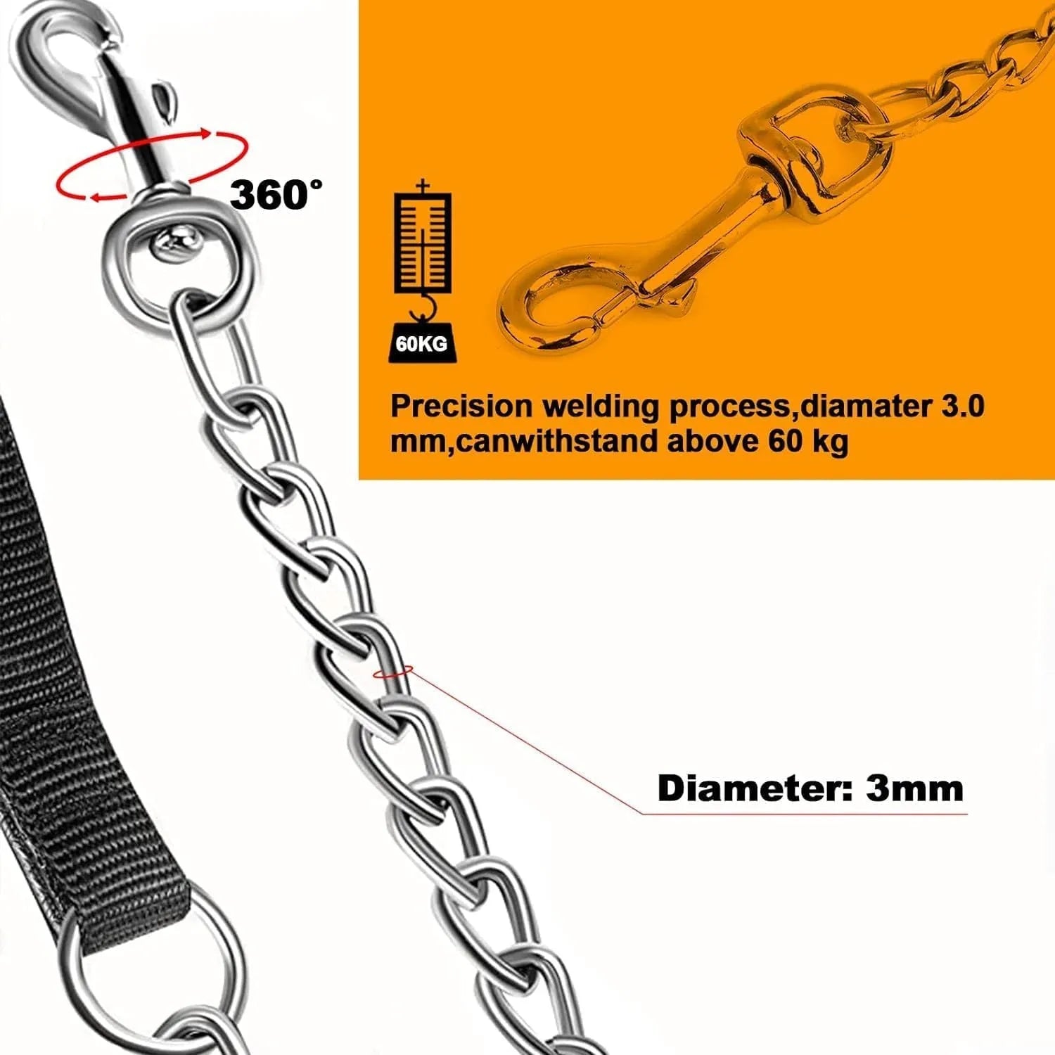 Heavy-duty metal chain dog leash with a soft black padded handle, shown with a red colour option.