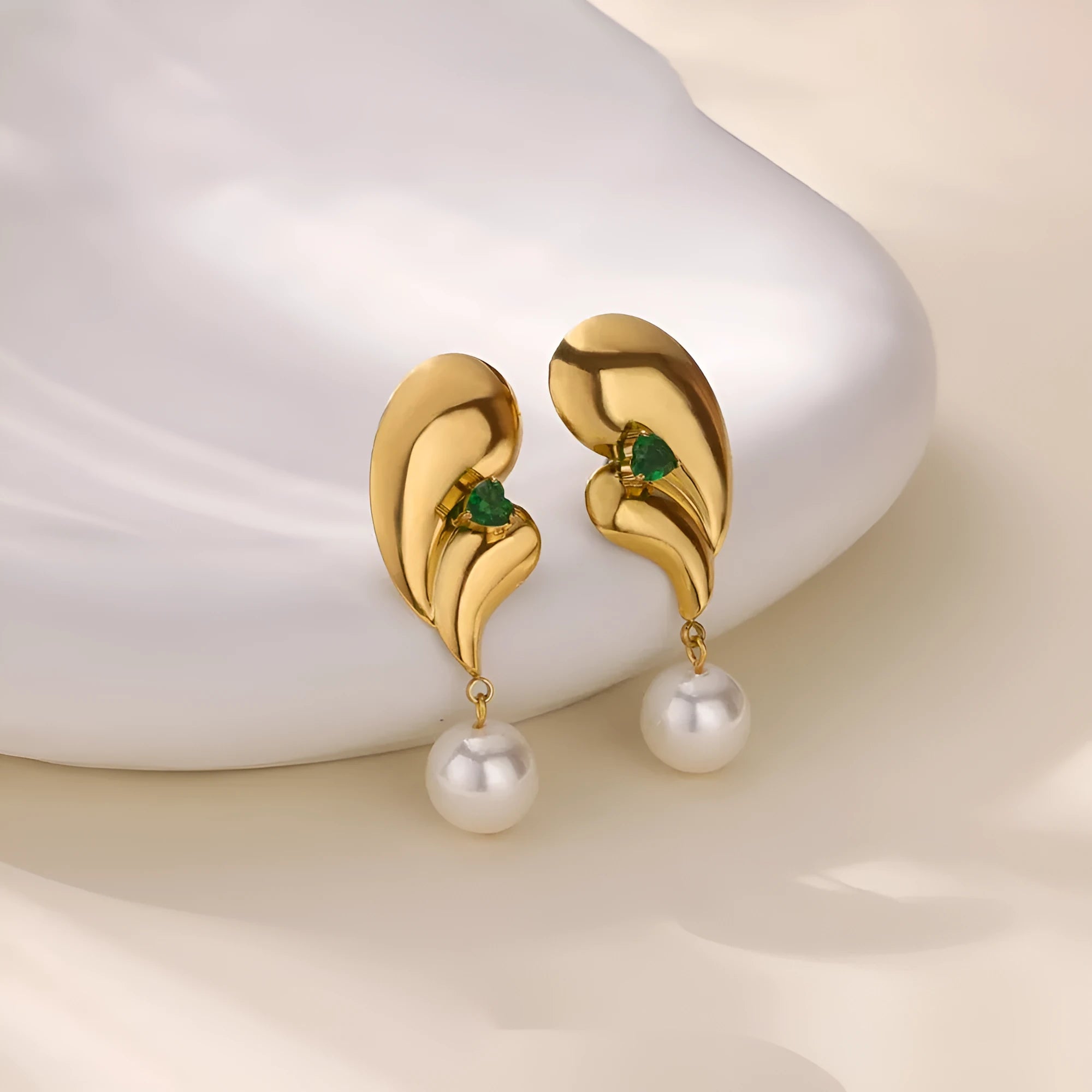 Stainless steel green zircon and pearl drop earrings with electroplated finish, geometric shape, 2 cm drop