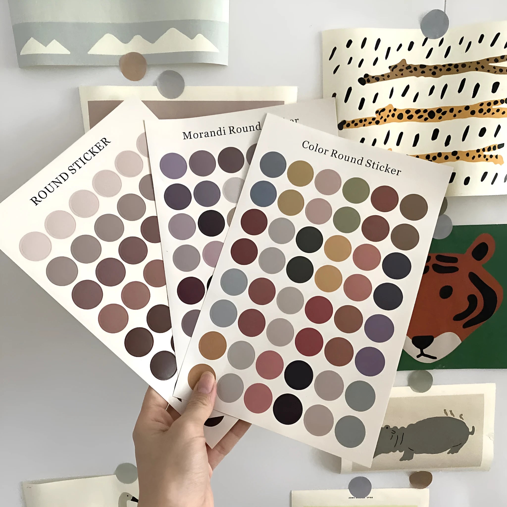Sheet of 48 Morandi earth colour polka dot seal stickers, each 2cm diameter, on a 16x24.5cm sheet