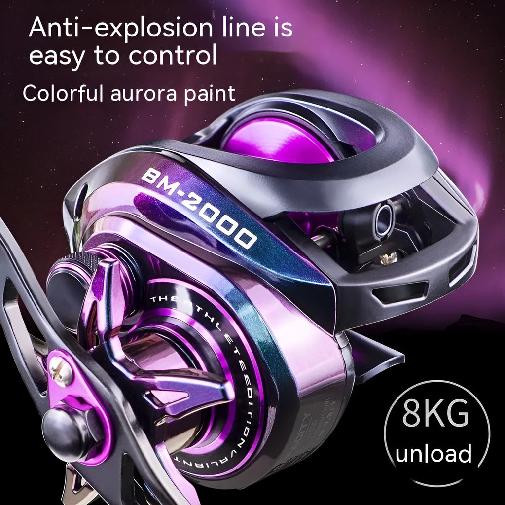 BM2000 water drop shaped fishing reel with magnetic brake, shown for left and right-hand models.