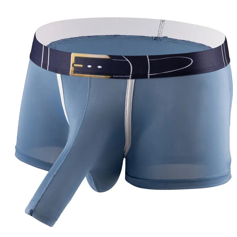 Men's solid colour ice silk boxer shorts on a grey background, showing the mid waist design and lightweight fabric texture.