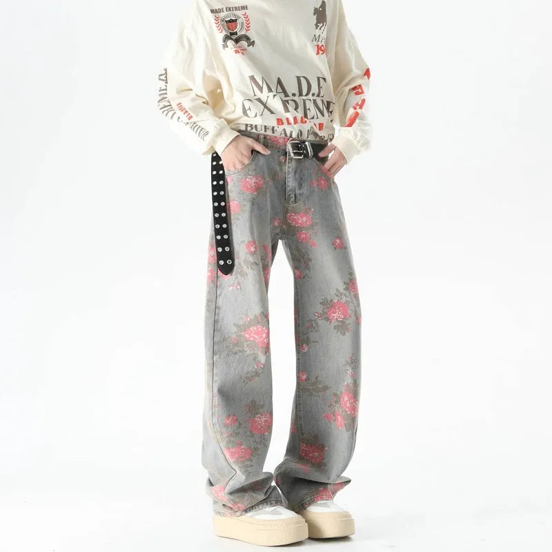 Men's blue peony jacquard washed loose jeans with mid waist and zipper fly