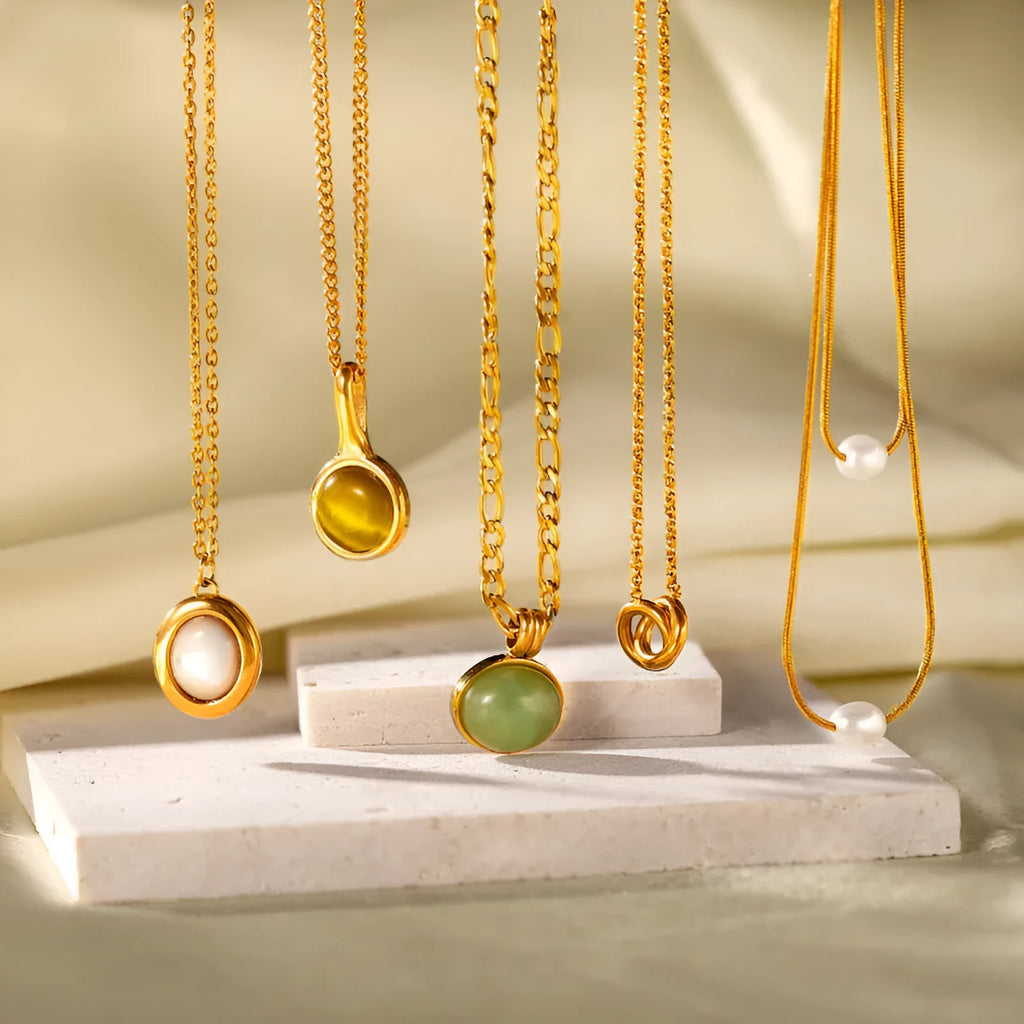 Retro stainless steel necklace with mixed gem inlaid pendant and electroplating finish in five colour options