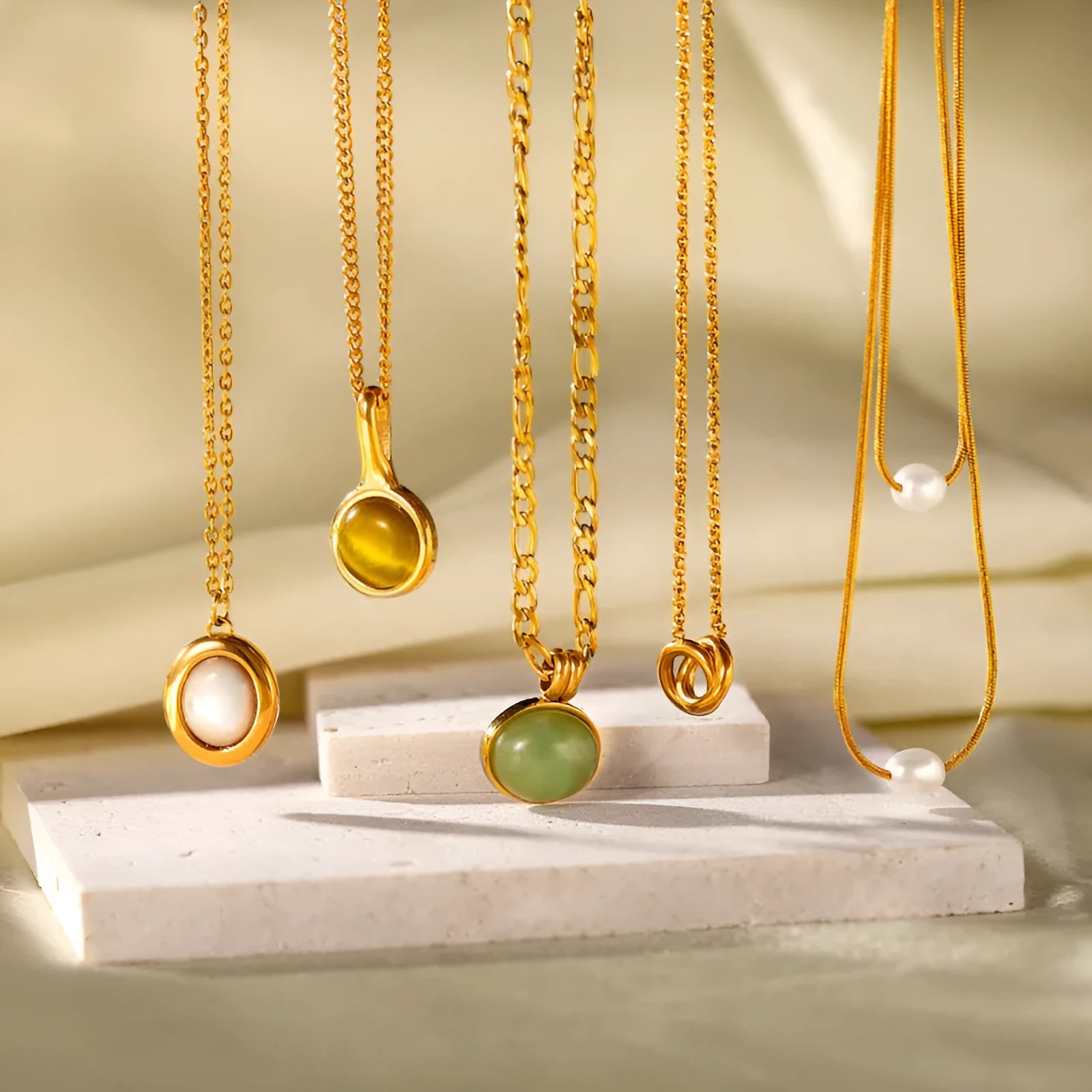 Retro stainless steel necklace with mixed gem inlaid pendant and electroplating finish in five colour options