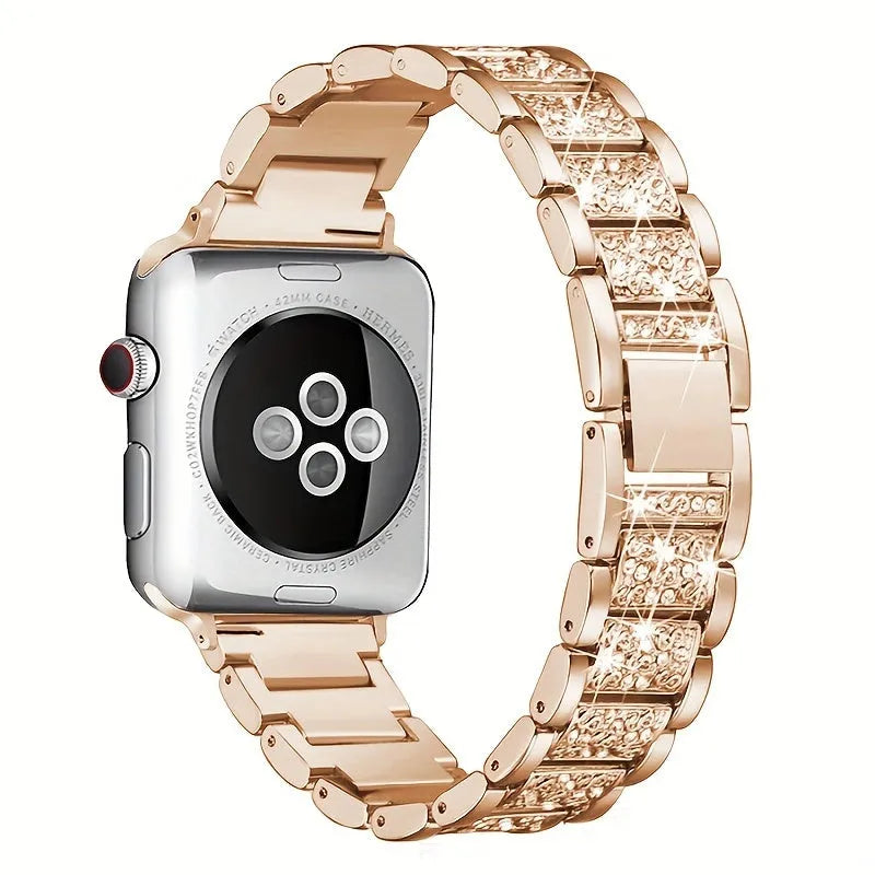 Metal diamond-encrusted watch band in rose gold colour, adjustable bracelet style for women