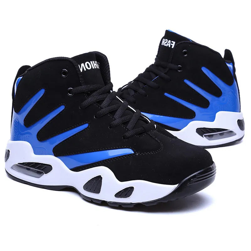 Men's high-top basketball shoes with jute upper, Zoom Air cushioning and wear-resistant outsole, in blue.