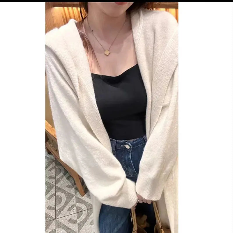 Long grey hooded knitted cardigan for women in casual Korean style