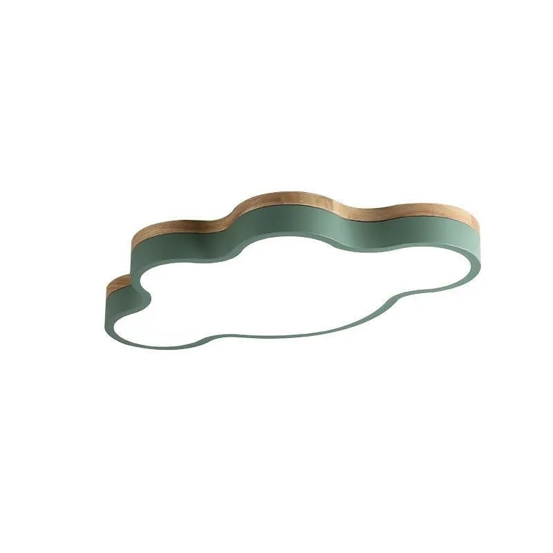 Cloud-shaped LED ceiling lamp with wooden finish in bedroom setting showing dimmable light options