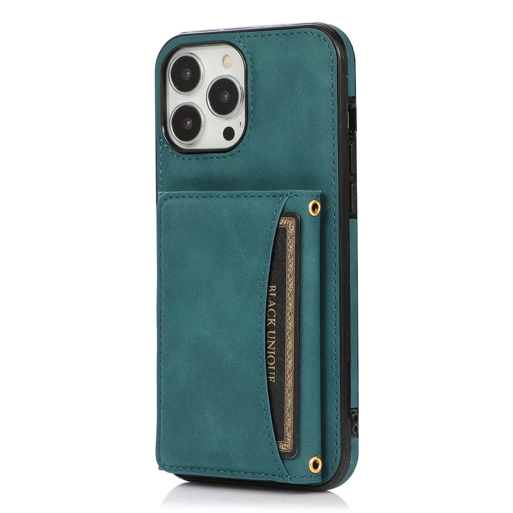Tri-fold PU leather wallet iPhone case with card sleeve, shown in black, purple, retro red, blue and brown.