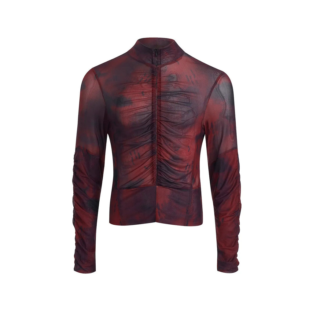 Men's half turtleneck mesh long-sleeved bottoming T-shirt with zipper, available in black red and black gray, sizes M to XXL.