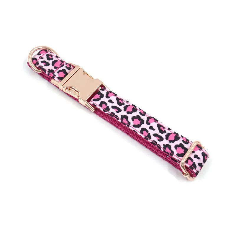 Leopard print dog collar and lead set in rose gold tone polyester, sizes XS to XL