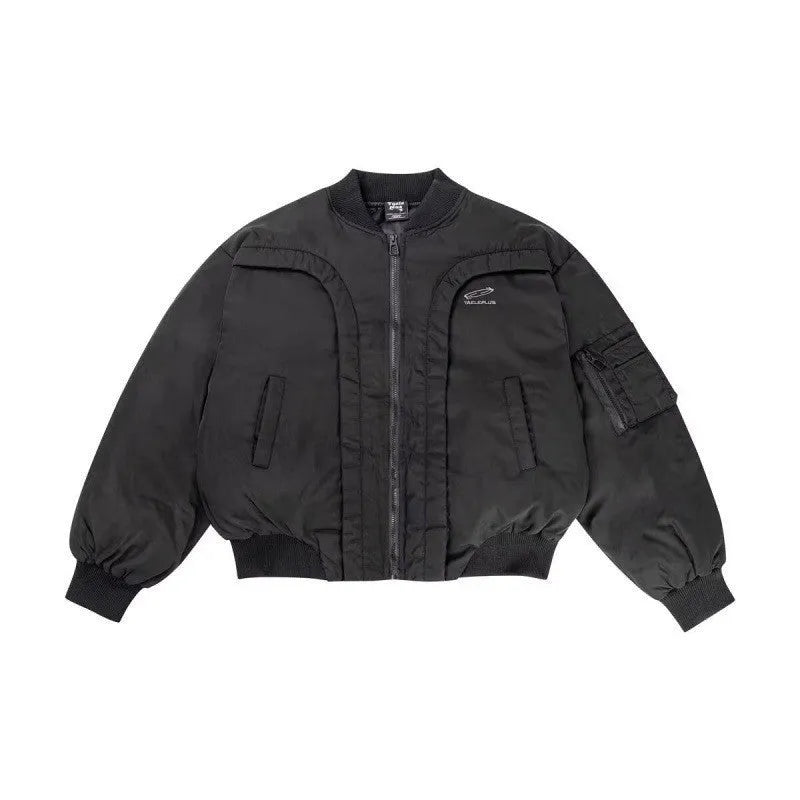 Cotton coat winter thickened flight jacket in black with side pockets and cardigan front