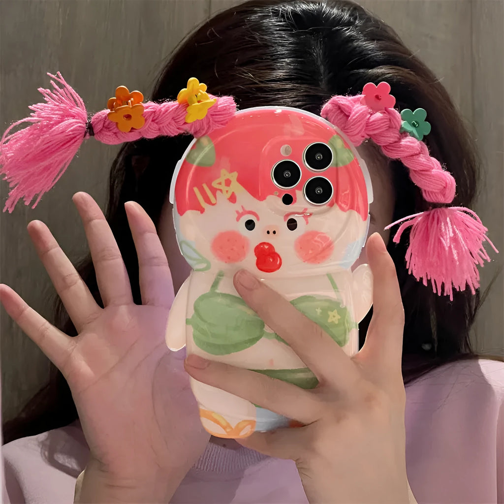 Pink and green cartoon girl silicone iPhone case for iPhone 11 12 13 14 models.