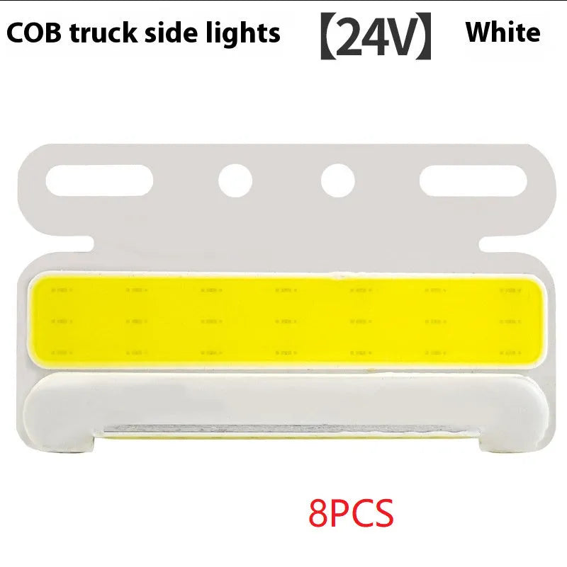 Waterproof aluminium alloy COB LED side light for 12v and 24v trucks in red, yellow, green, blue, or white.