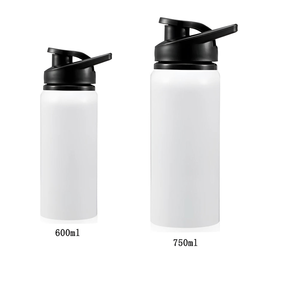 White aluminium sports water bottle for cycling, shown in 600ml and 750ml sizes.