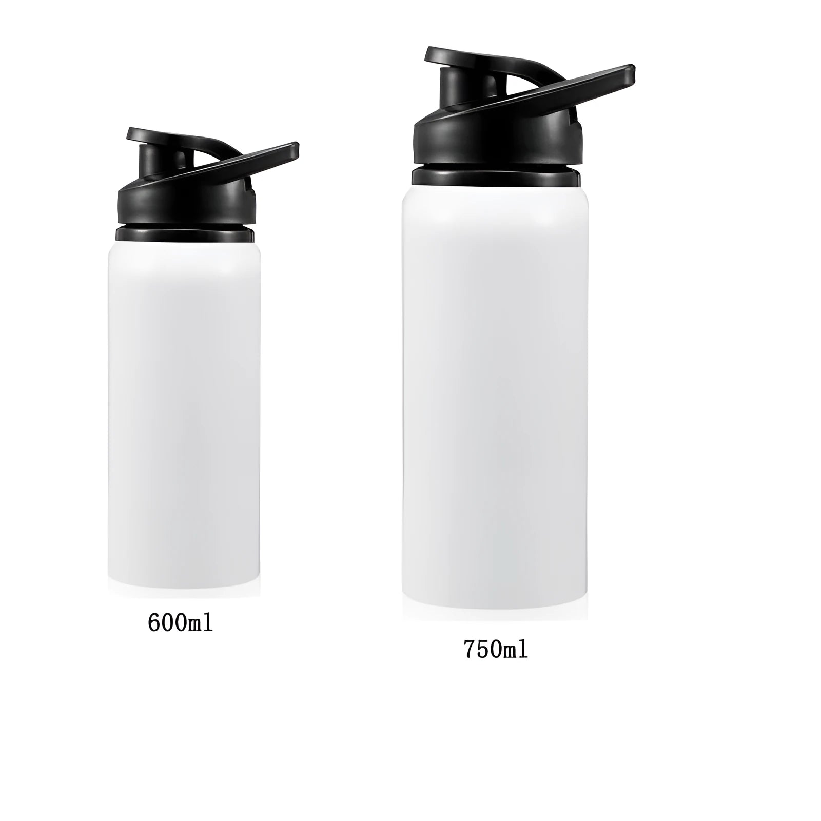 White aluminium sports water bottle for cycling, shown in 600ml and 750ml sizes.
